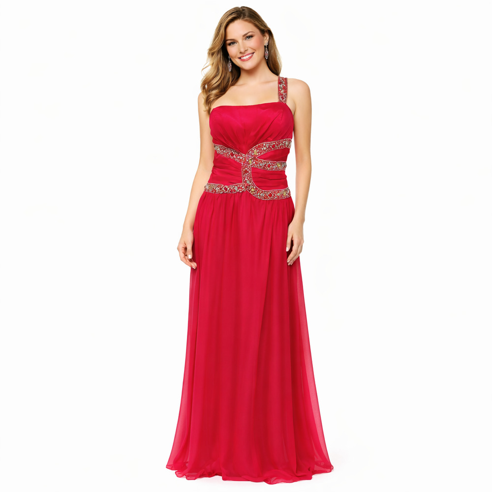 Riva Formal Evening Gown Womens 14 Red Beaded Prom Wedding Party Romantic Dress
